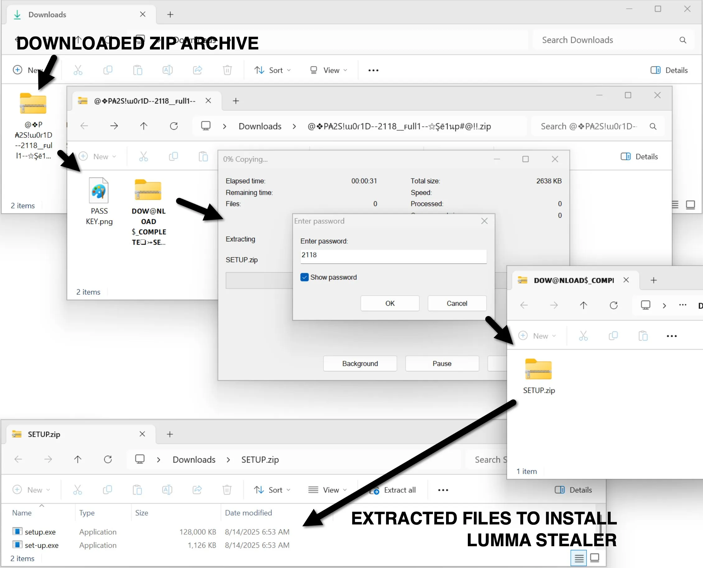 A screenshot of a computer interface showing the extraction process of a file named "SETUP.zip" into the "Downloads" folder. The folder contents are visible. An information window displays details such as file size and extraction time, and an arrow points to extracted files labeled "INSTALL LUMMA STEALER."